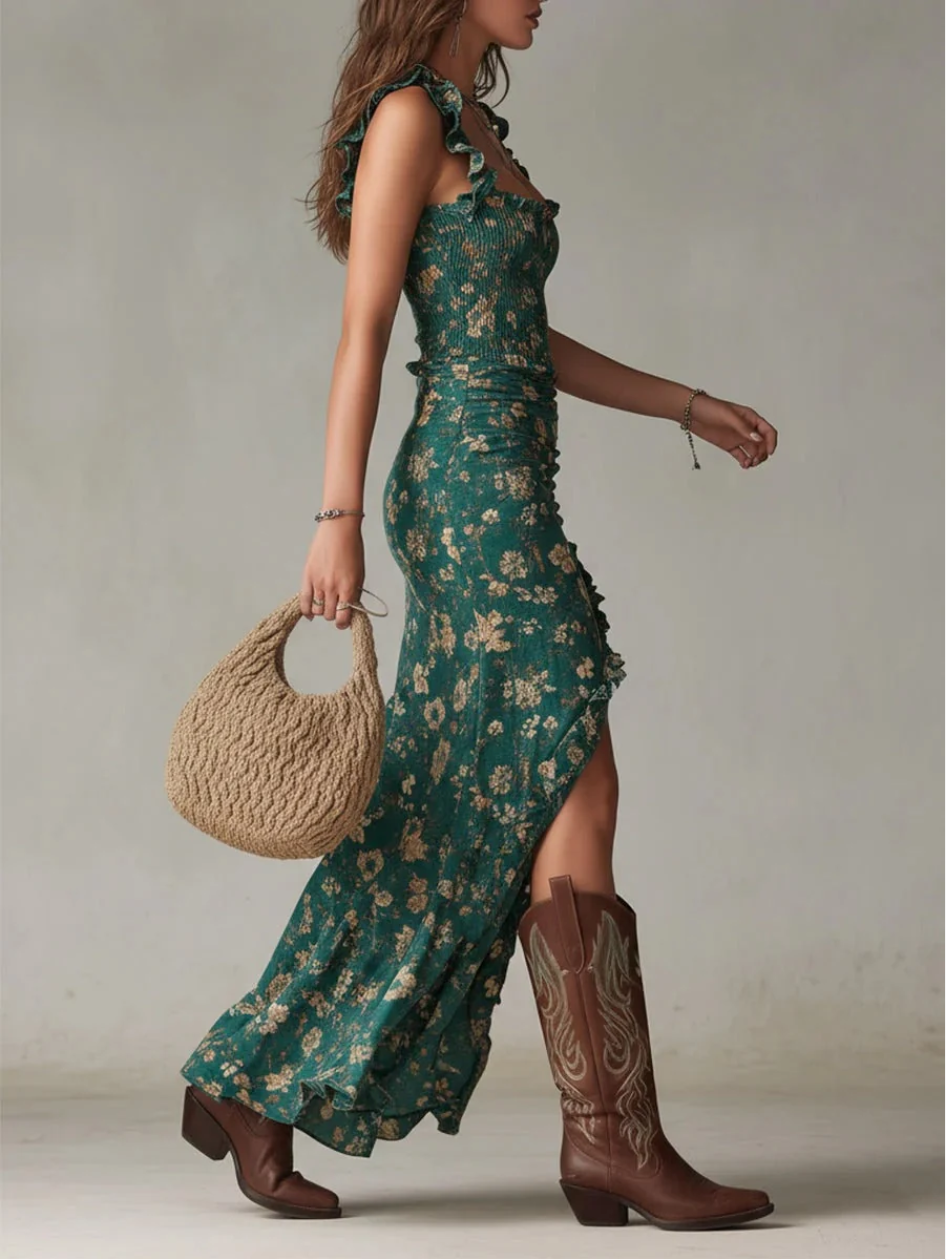 Zaira | Vestido largo bohemio con estampado floral y fruncido, con abertura lateral