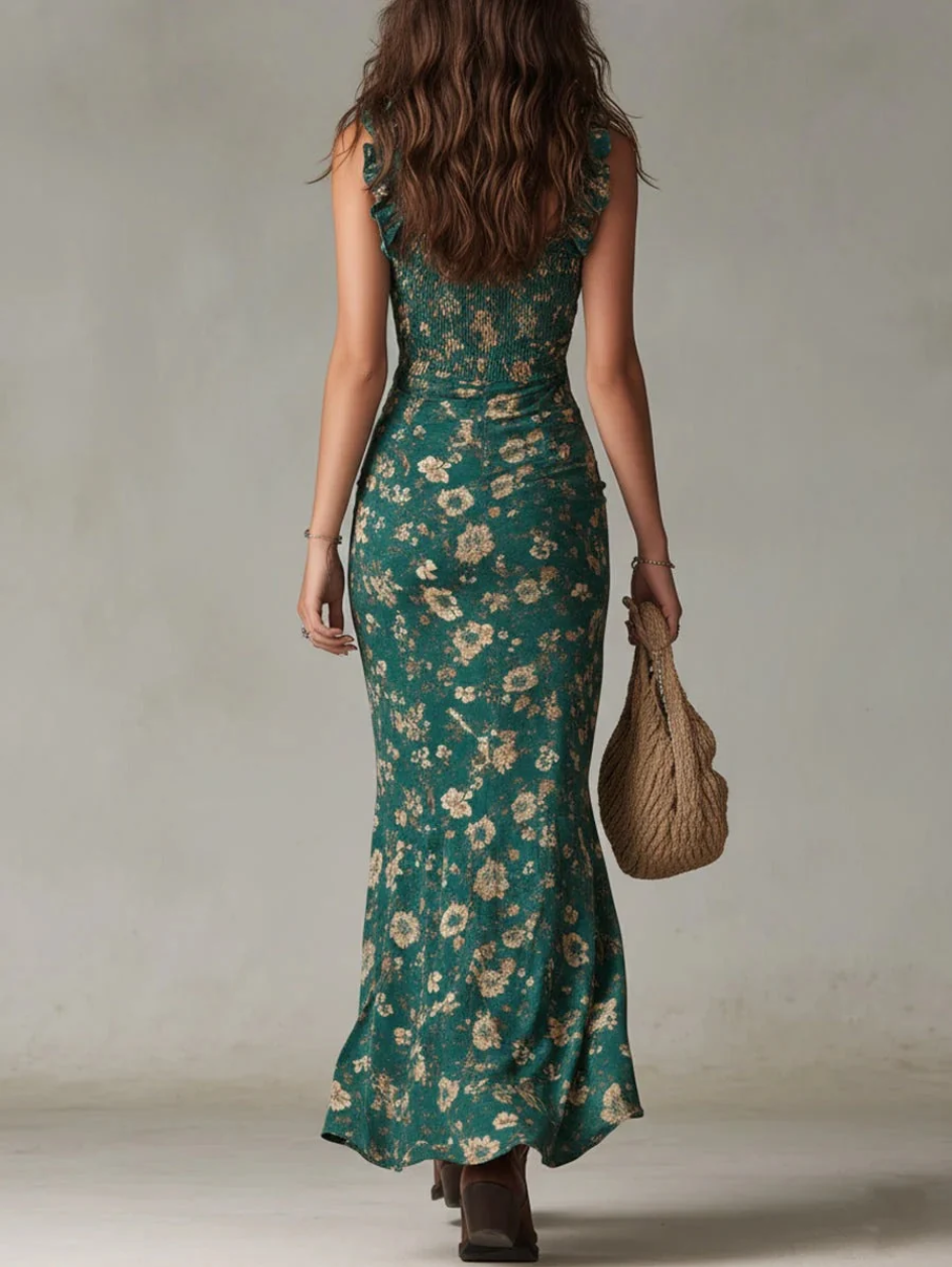 Zaira | Vestido largo bohemio con estampado floral y fruncido, con abertura lateral