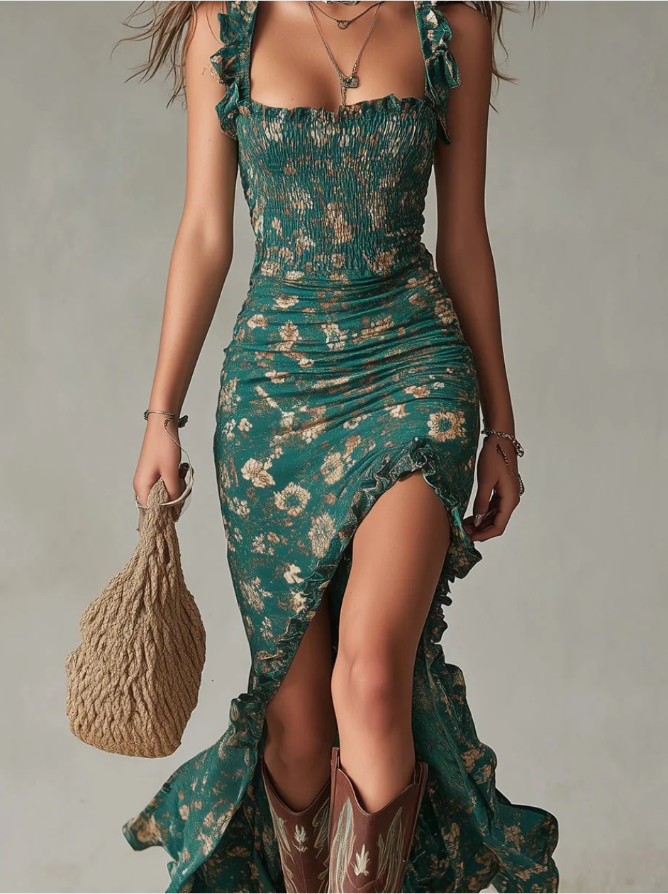 Zaira | Vestido largo bohemio con estampado floral y fruncido, con abertura lateral